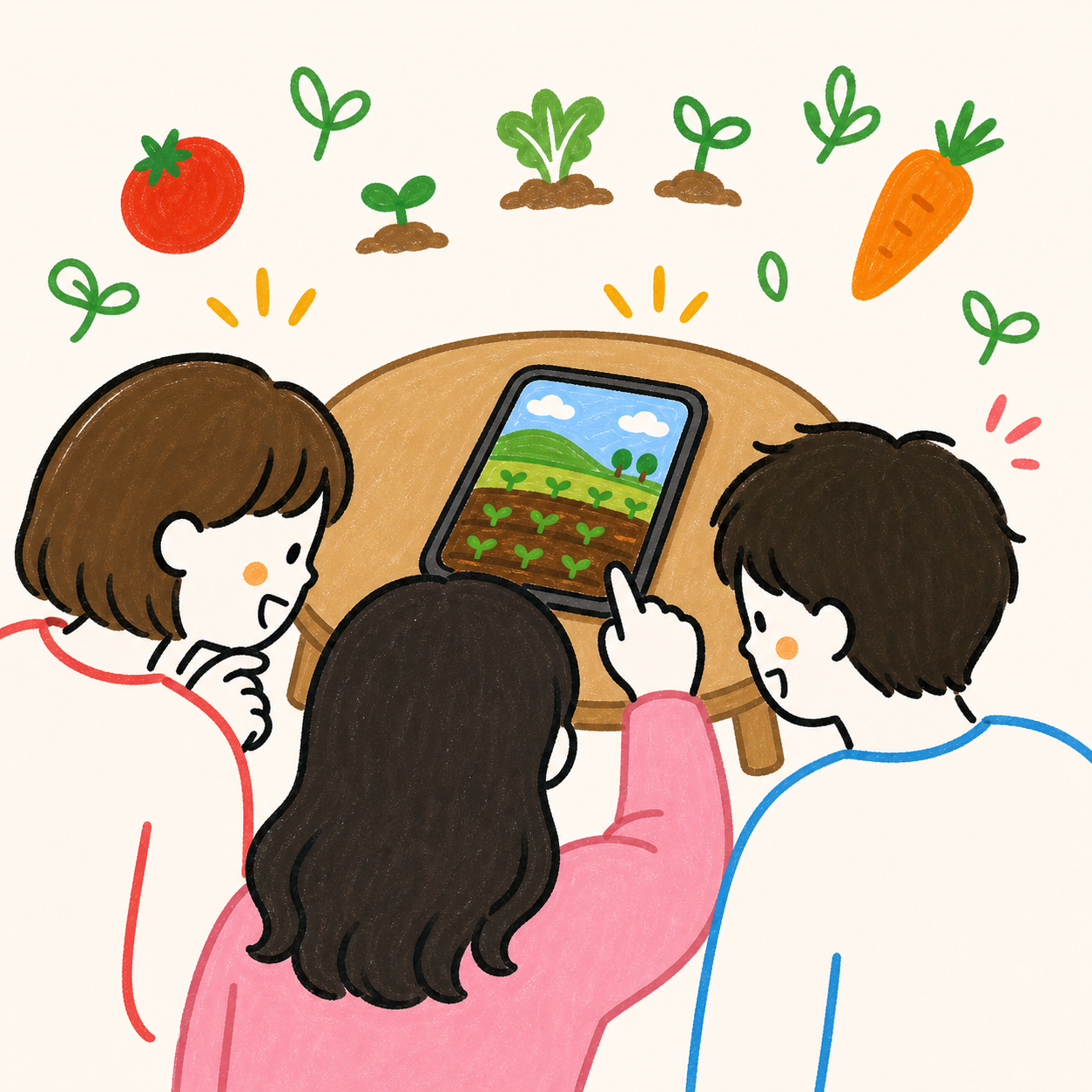 スマホをみんなで見て畑を楽しむ様子