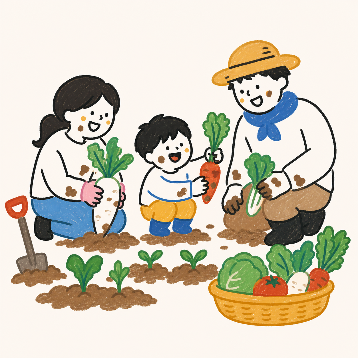 農家さんと農作業をする親子の姿
