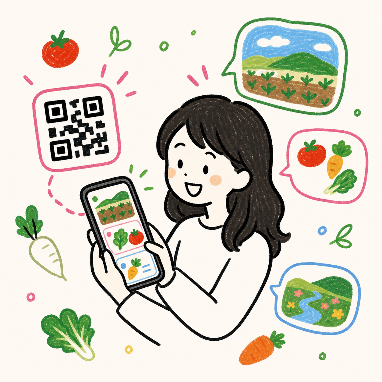スマホでQRコードを読み取り畑の情報を受け取る女性