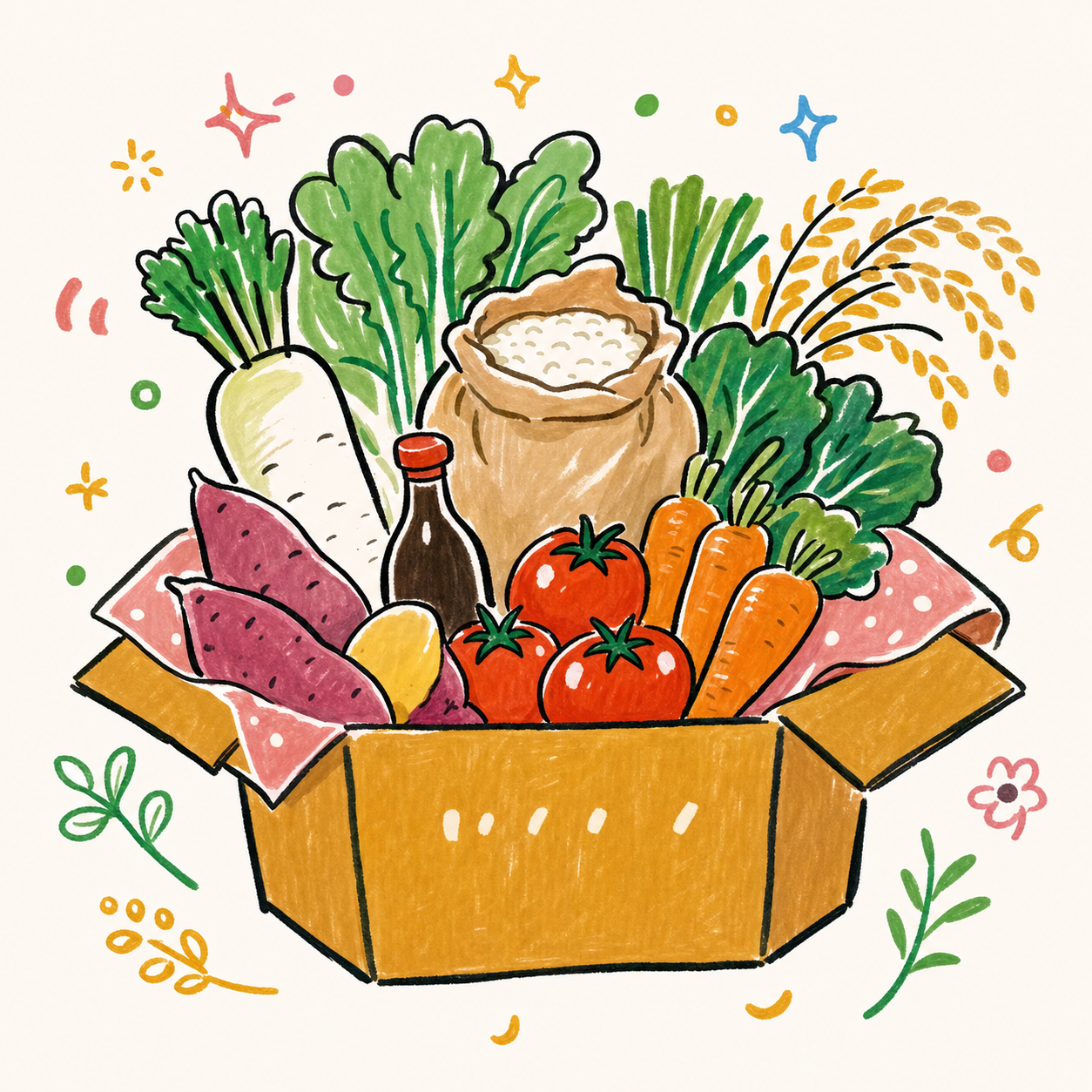 箱に詰められた美味しそうな農作物