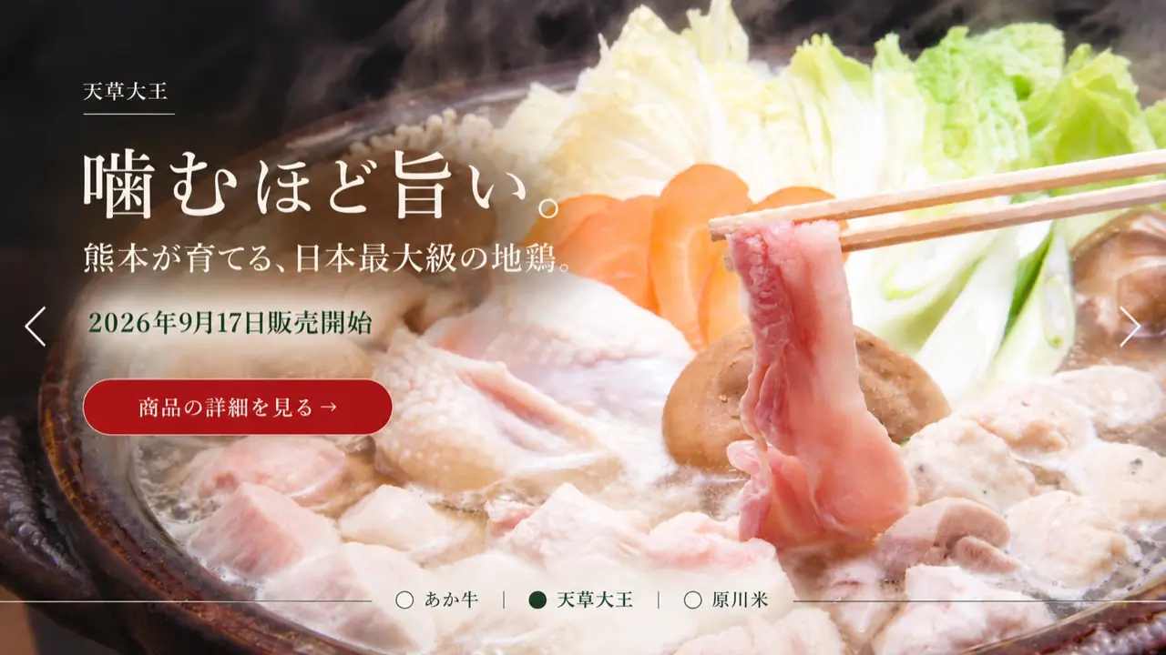 天草大王。噛むほど旨い。熊本が育てる、日本最大級の地鶏。2026年9月17日販売開始。
