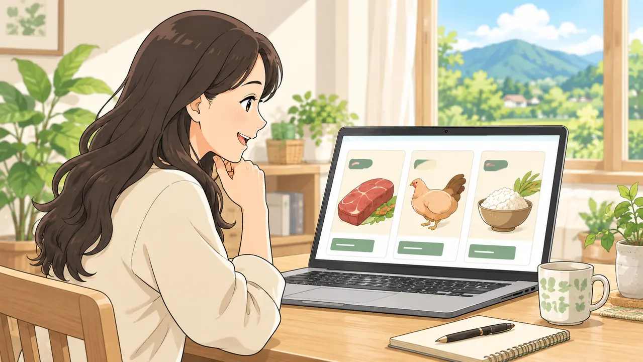食べたい商品を画面で選ぶ女性のイラスト