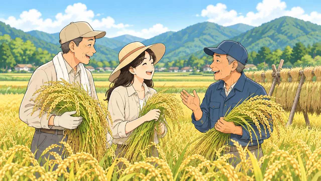 大人が原川農園で掛け干し体験に参加するイラスト