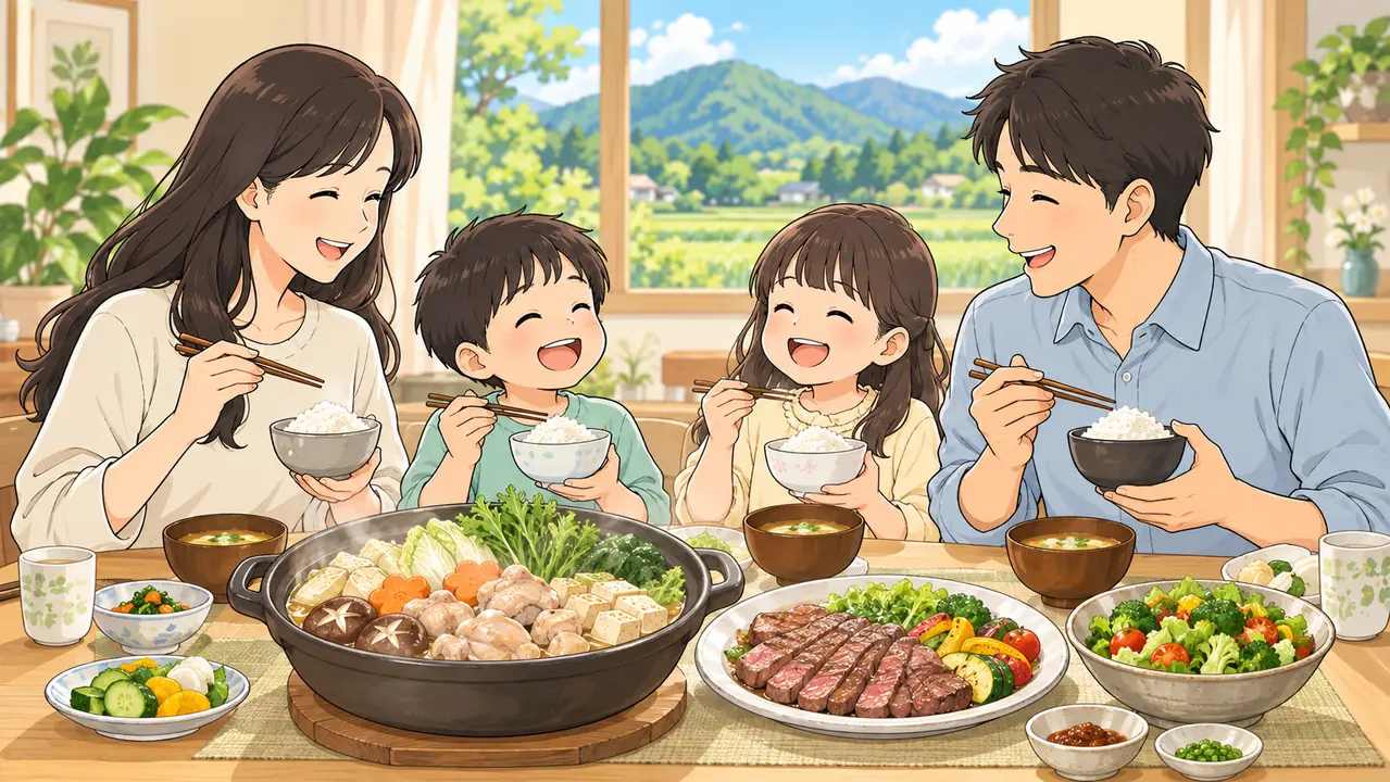 家族で届いた食材を囲む食卓のイラスト